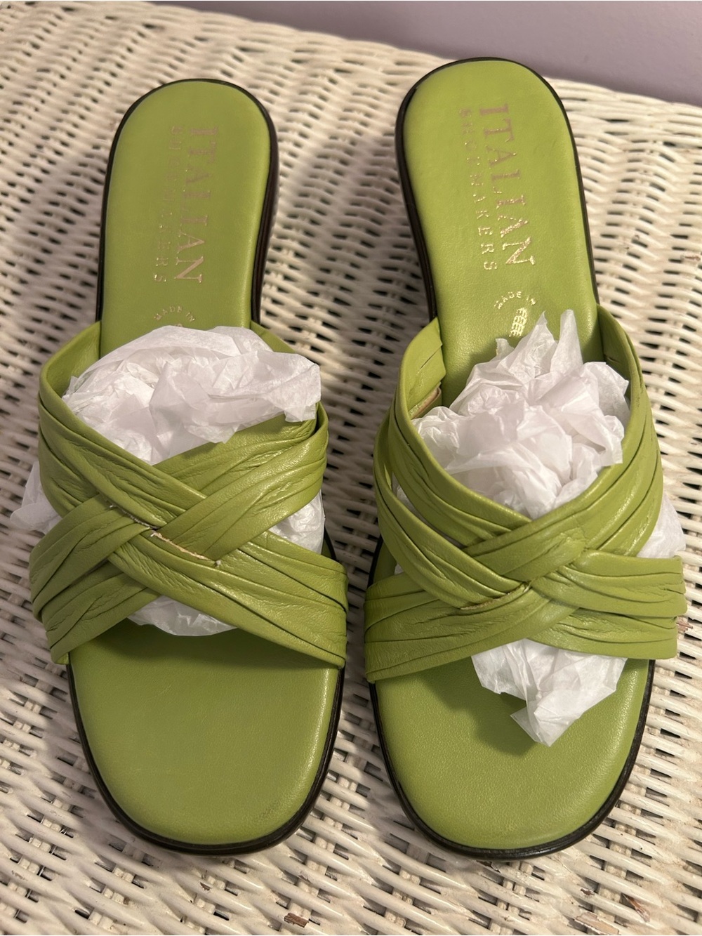 Italian Shoemakers Green Leather Wedge Slide Sandals Italy Size 8 Y2K